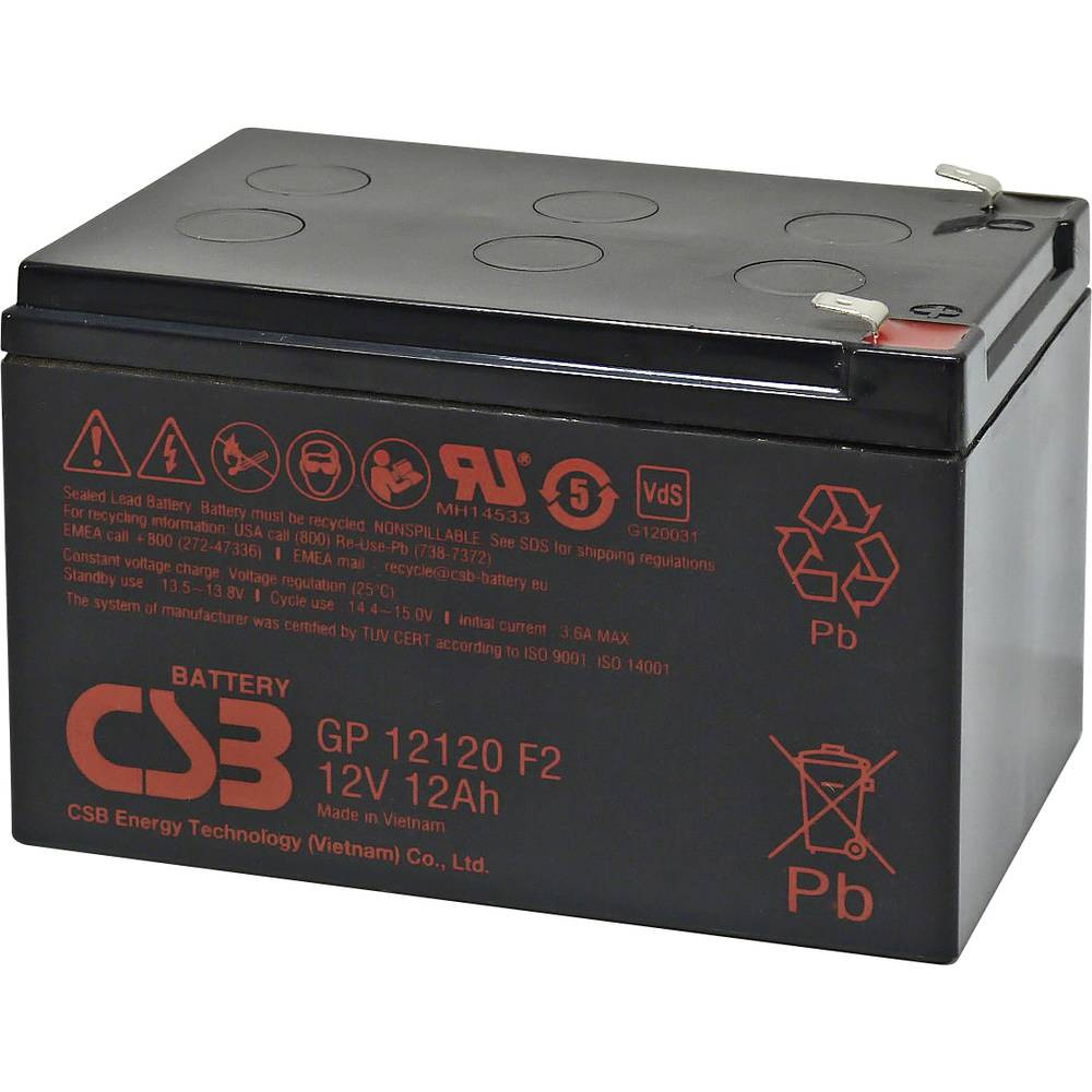 CSB Battery GP 12120 Standby USV Loodaccu 12 V 12 Ah Loodvlies (AGM) (b x h x d) 151 x 100 x 98 mm Kabelschoen 6.35 mm Onderhoudsvrij, Geringe zelfontlading,