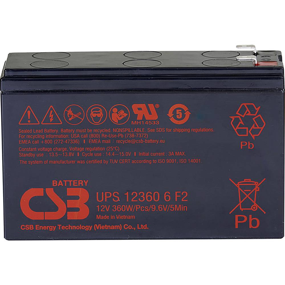 CSB Battery UPS 123606 high-rate Loodaccu 12 V 7 Ah Loodvlies (AGM) (b x h x d) 151 x 99 x 51 mm Kabelschoen 6.35 mm Onderhoudsvrij, Geringe zelfontlading