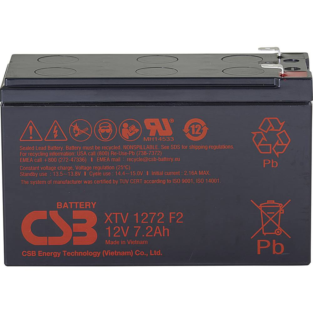 CSB Battery XTV1272 Loodaccu 12 V 7.2 Ah Loodvlies (AGM) (b x h x d) 151 x 99 x 65 mm Kabelschoen 6.35 mm Onderhoudsvrij, Geringe zelfontlading