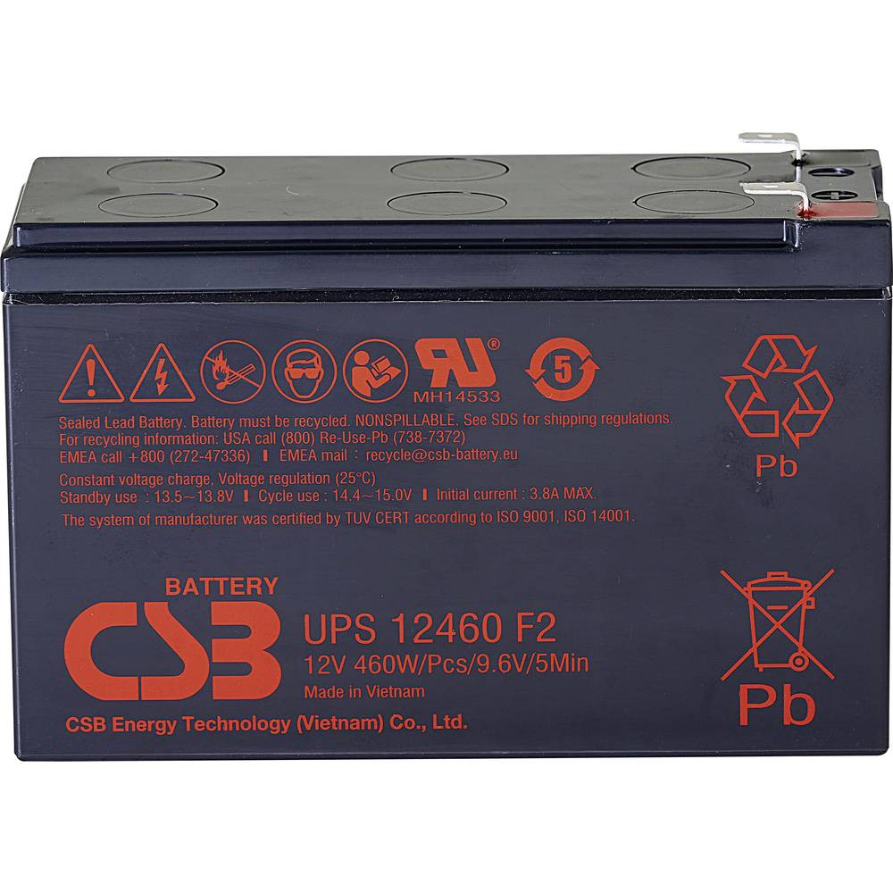 CSB Battery UPS 12460 high-rate Loodaccu 12 V 9.6 Ah Loodvlies (AGM) (b x h x d) 151 x 99 x 65 mm Kabelschoen 6.35 mm Onderhoudsvrij, Geringe zelfontlading