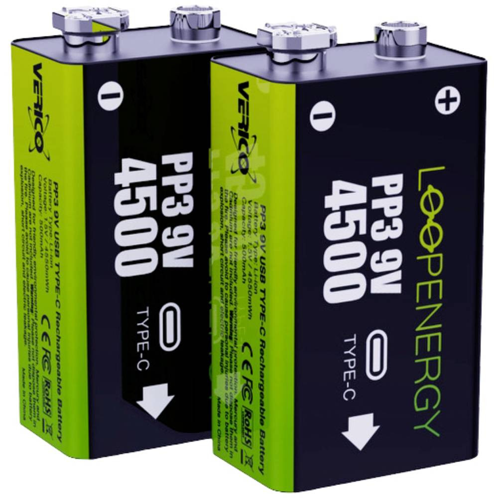 Verico Oplaadbare 9V batterij (blok) LoopEnergy USB-C Li-ion 7.4 V 500 mAh 2 stuk(s)