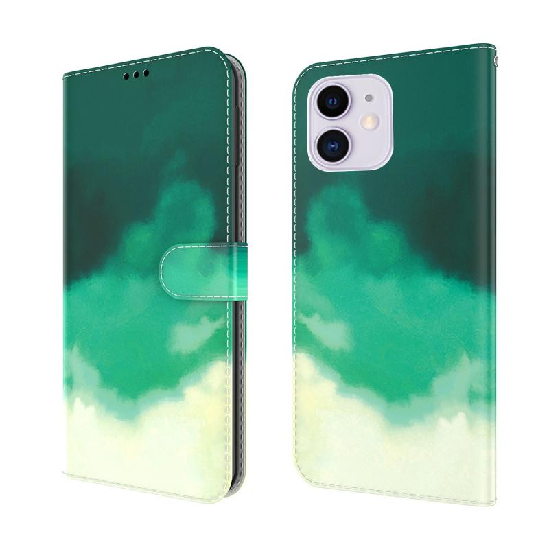 Aquarel Patroon Horizontale Flip Leren Case met Houder & Kaart Slot & Portemonnee voor iPhone 12 Mini (Cyaan Groen)