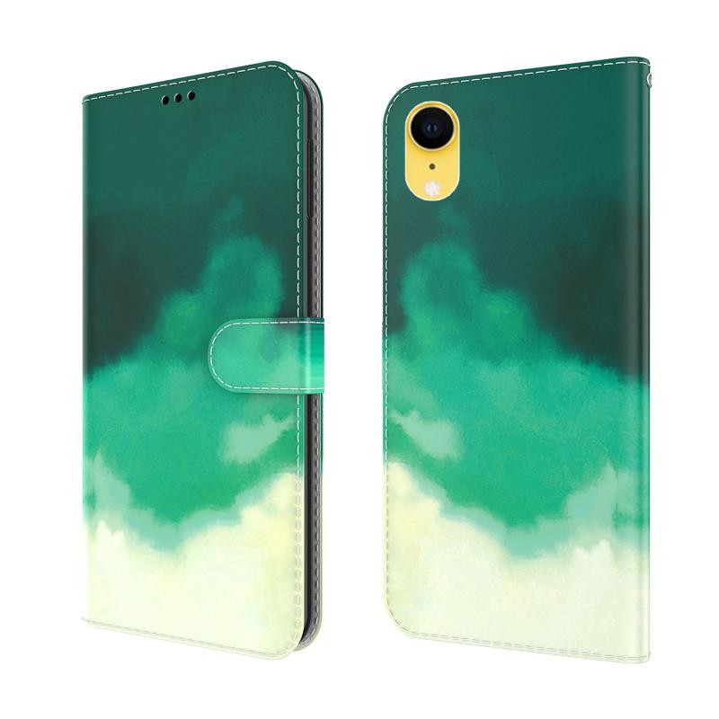 Aquarel Patroon Horizontale Flip Lederen Case met Houder & Card Slot & Portemonnee voor iPhone XR (Cyaan Groen)