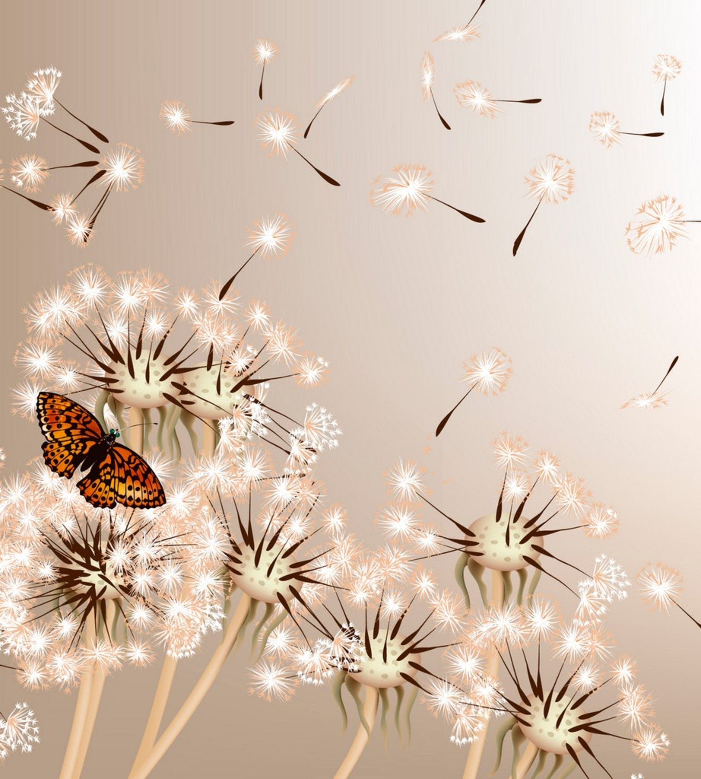 Fotobehang - Dandelions and Butterfly 225x250cm - Vliesbehang