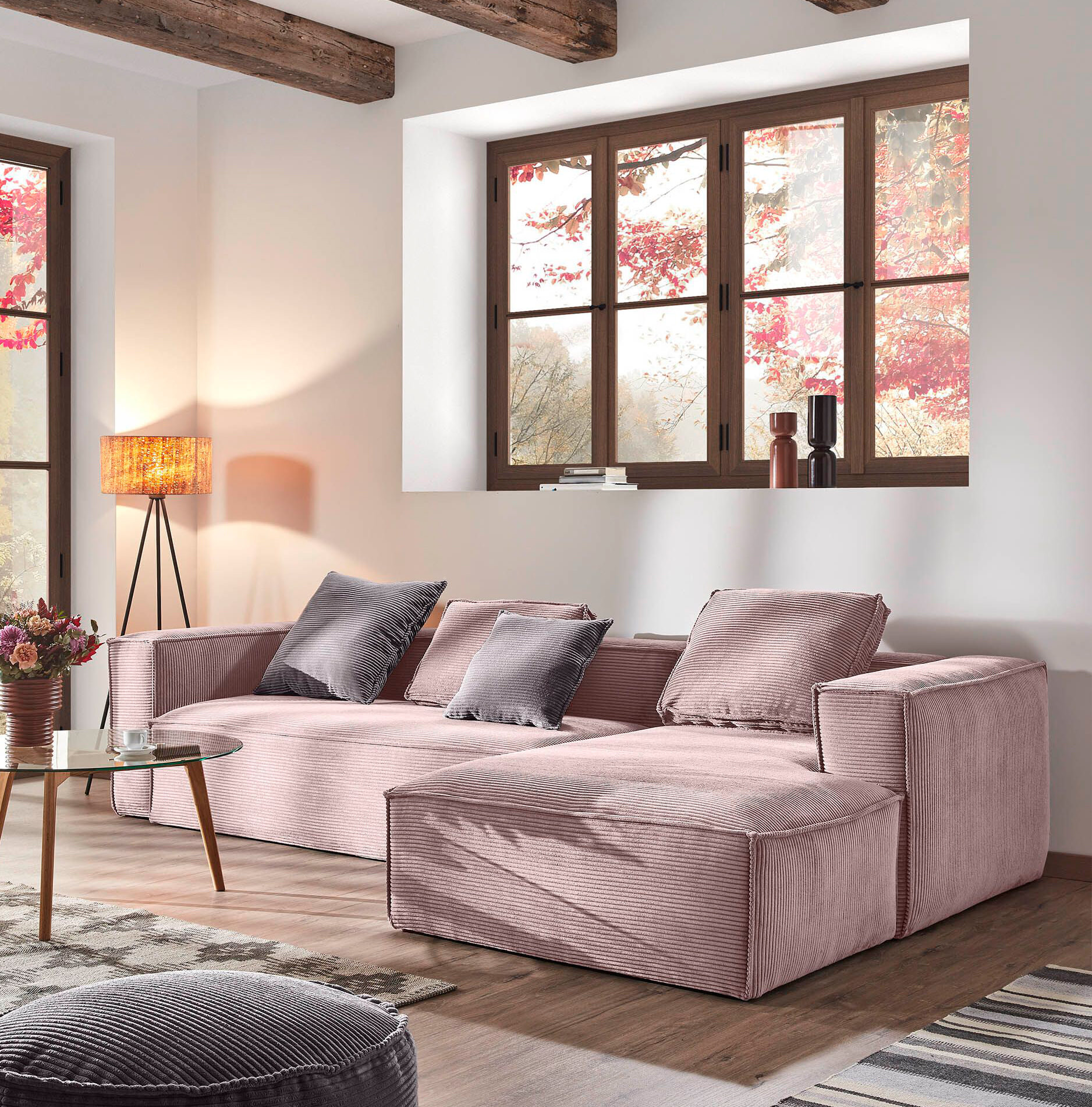 Kave Home Loungebank 'Blok' Rechts 300cm, Corduroy, kleur Roze