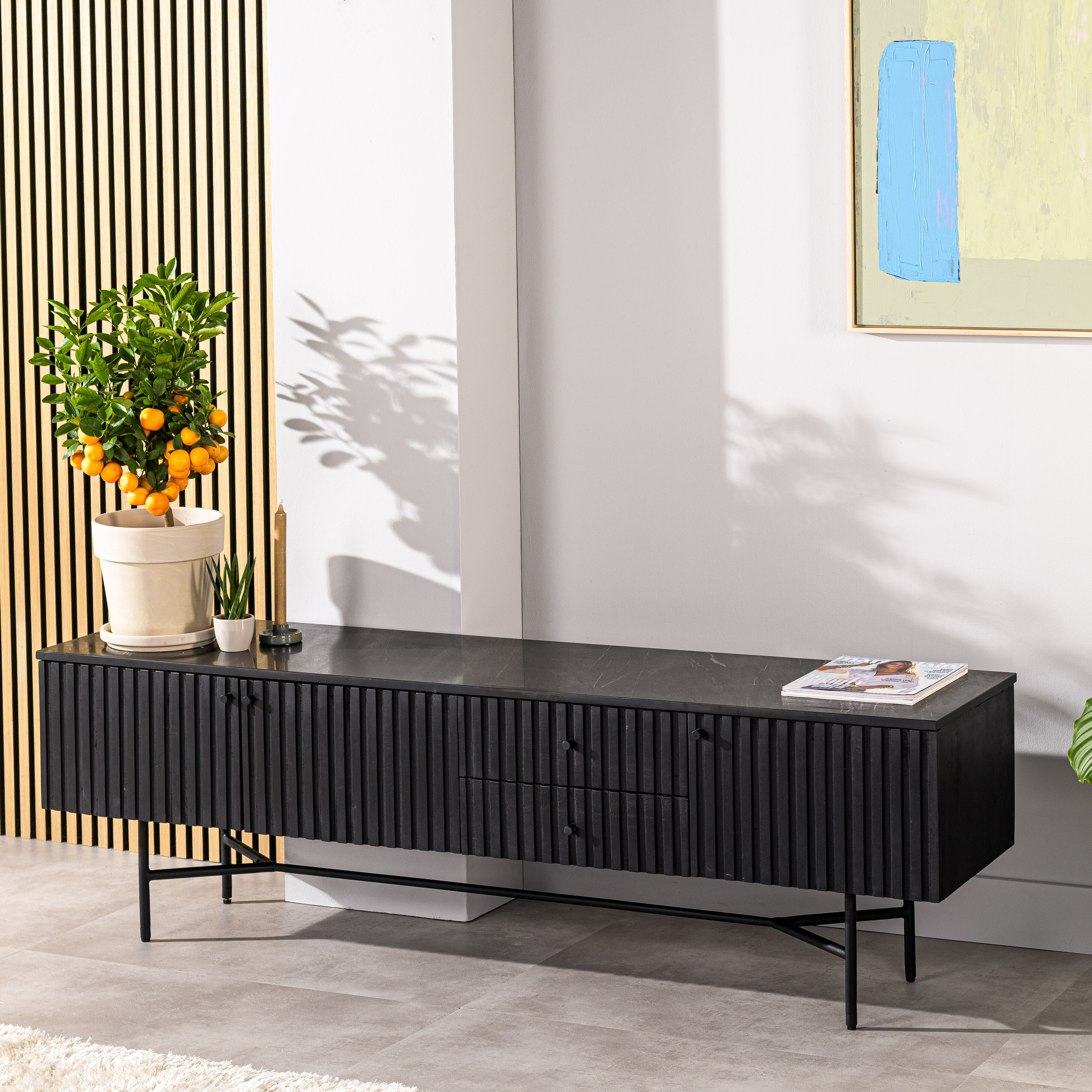 BASE TV-meubel 'Yono' Acaciahout, 175 cm, kleur Zwart