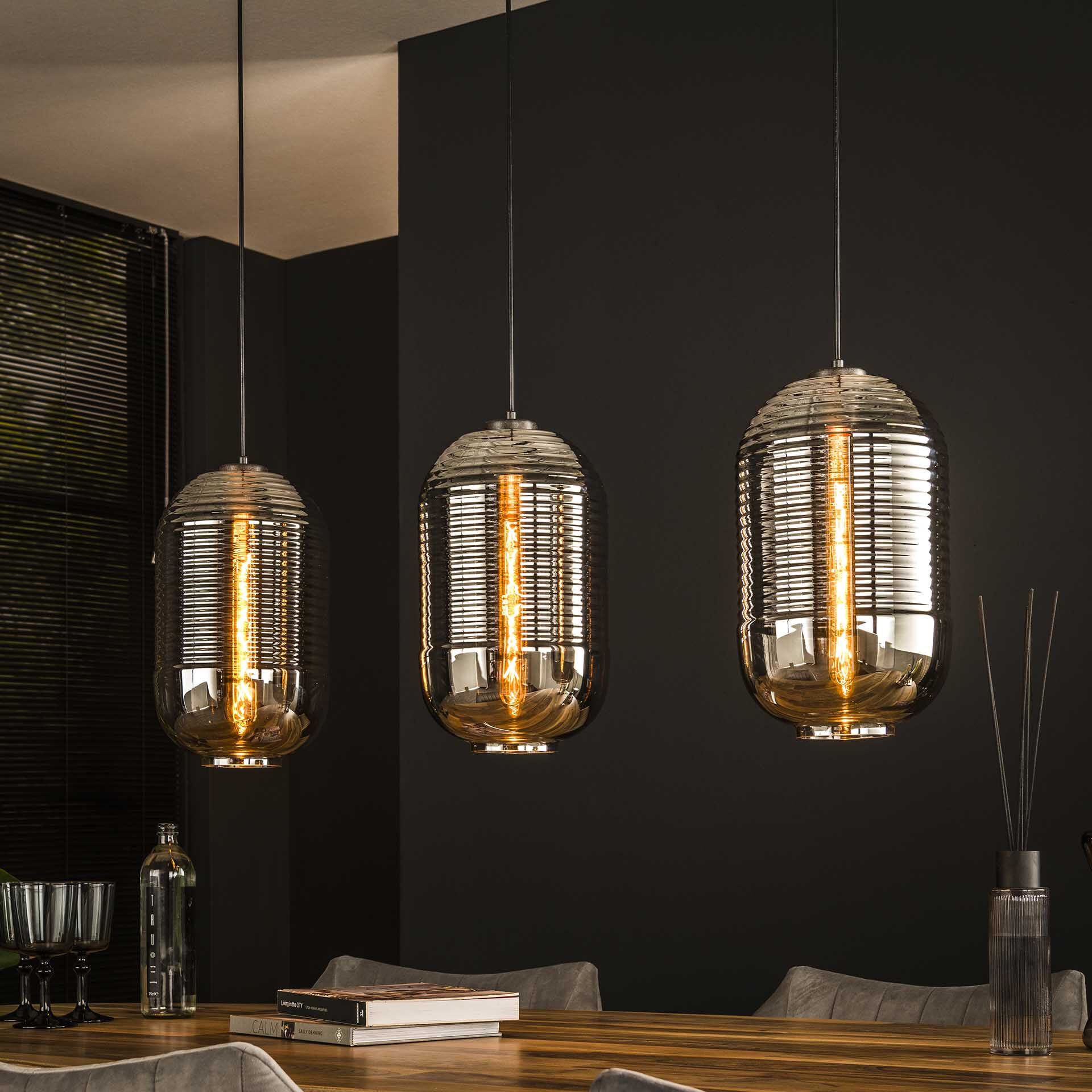 LifestyleFurn Hanglamp 'Efram' 3-lamps, Glas, kleur Artic Zwart
