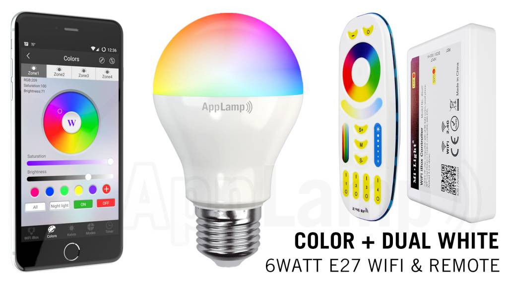 Mi·Light E27 RGB+Dual White 6 Watt Wi-Fi LED lampen. Complete set met Wifi Box en Remote!