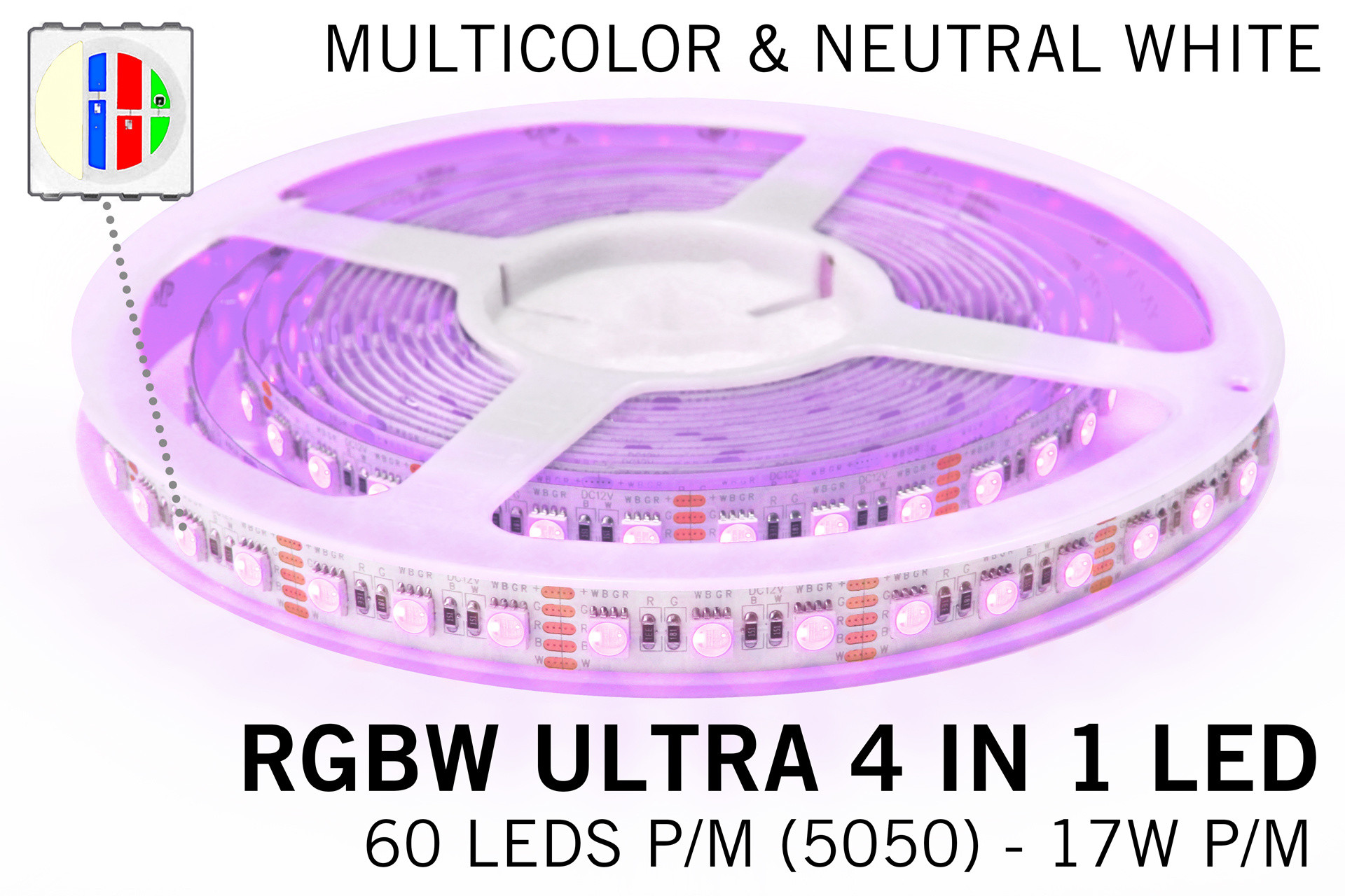 RGBW+Neutraal Wit strip | 60-84 LED p.m. | 12V-24V