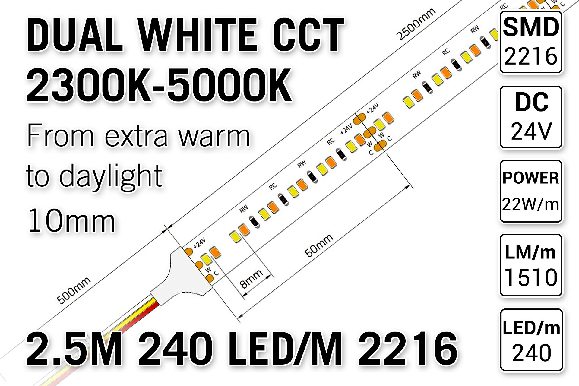 AppLamp ProLine PRO LINE Dual Wit 2300K~5000K CCT Led Strip | 2,5m 240 Leds pm Type 2216 24V - Losse Strip