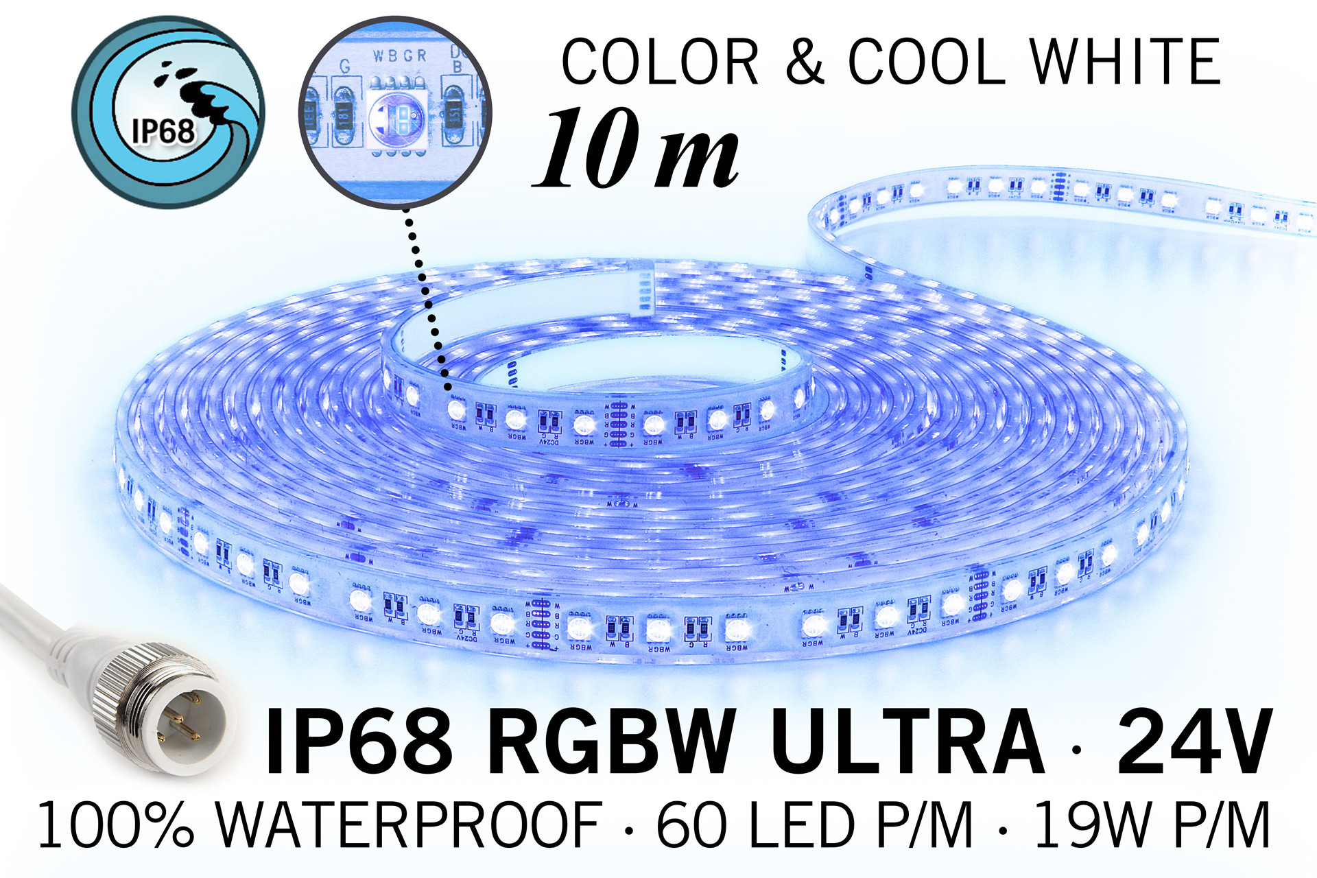 IP68 Waterdichte RGBW ULTRA Ledstrip, RGB+Koel wit, 60 led's p/m, 24 Volt, 10 meter