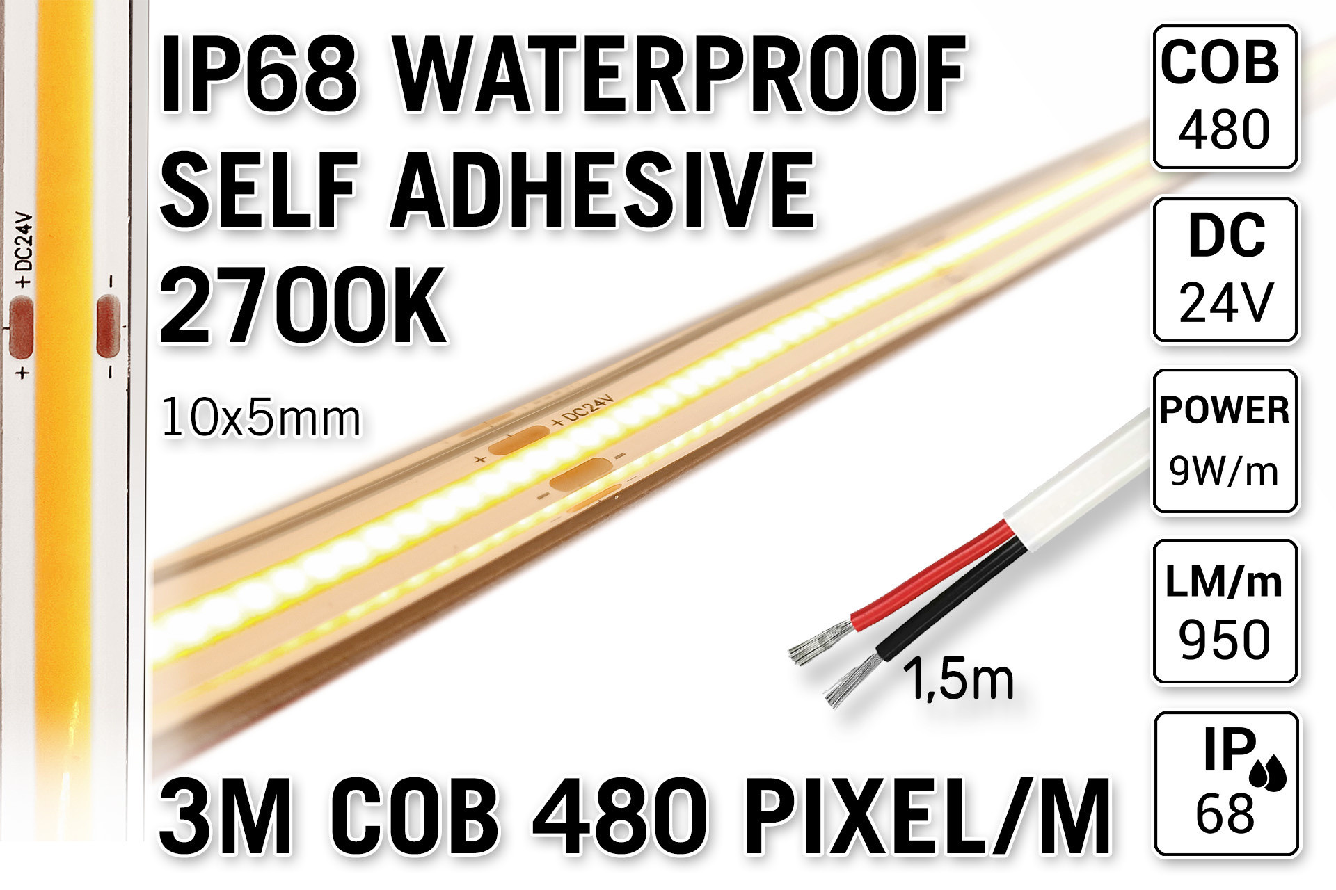 3m IP68 Waterdichte COB 2700K Warm Wit Led Strip | 9W pm 24V | 480 pixels pm - Zelfklevend