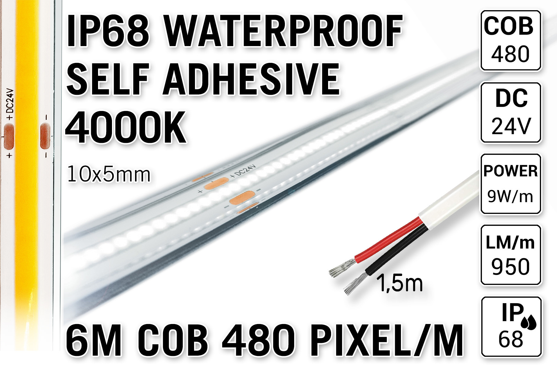 6m IP68 Waterdichte COB 4000K Neutraal Wit Led Strip | 9W pm 24V | 480 pixels pm - Zelfklevend