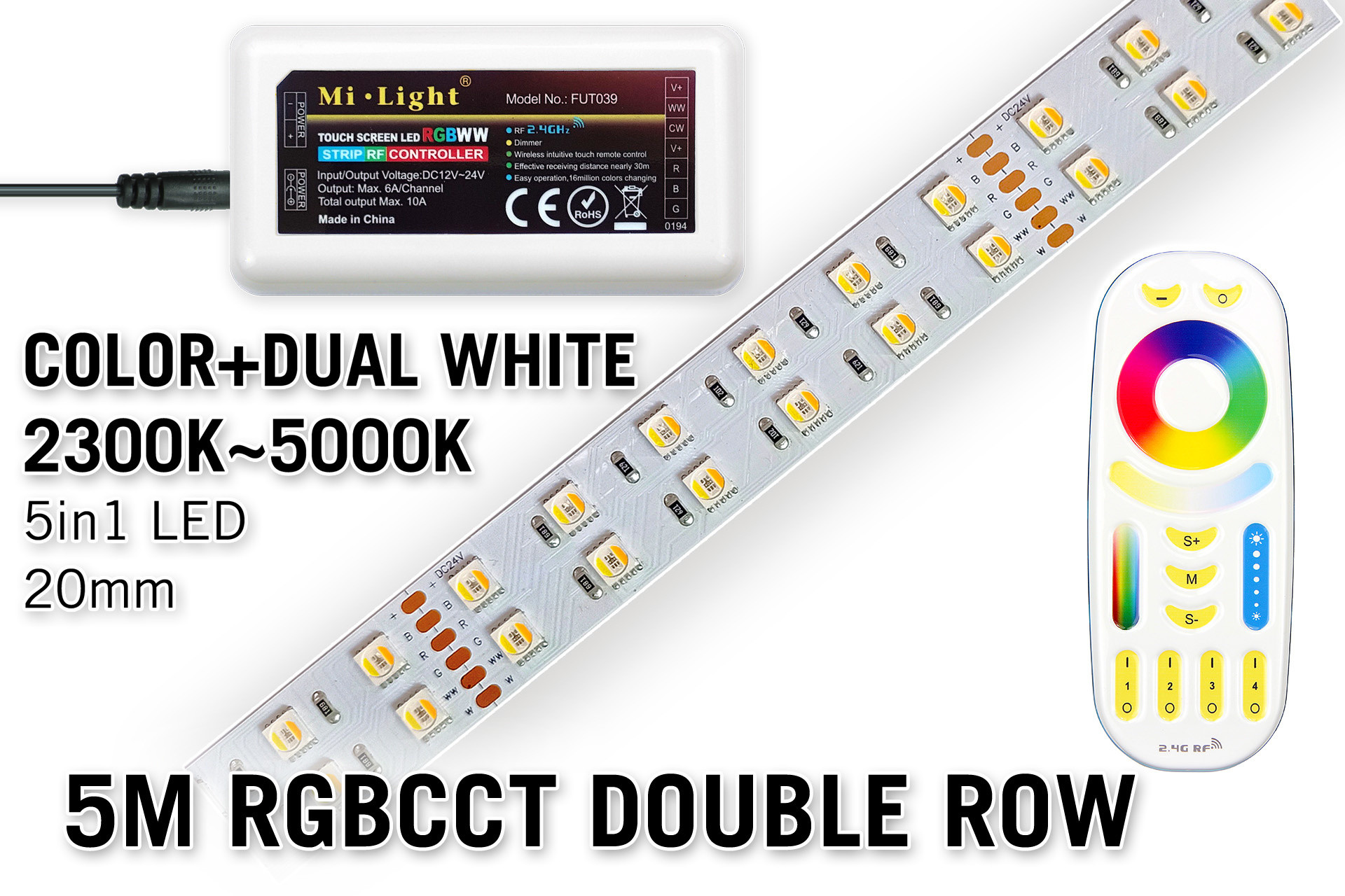 Mi·Light Dubbele Rij Prime 5m Ledstrip RGB Color+Dual White 60 LED/m, 5 IN 1. Complete set met RF Afstandsbediening