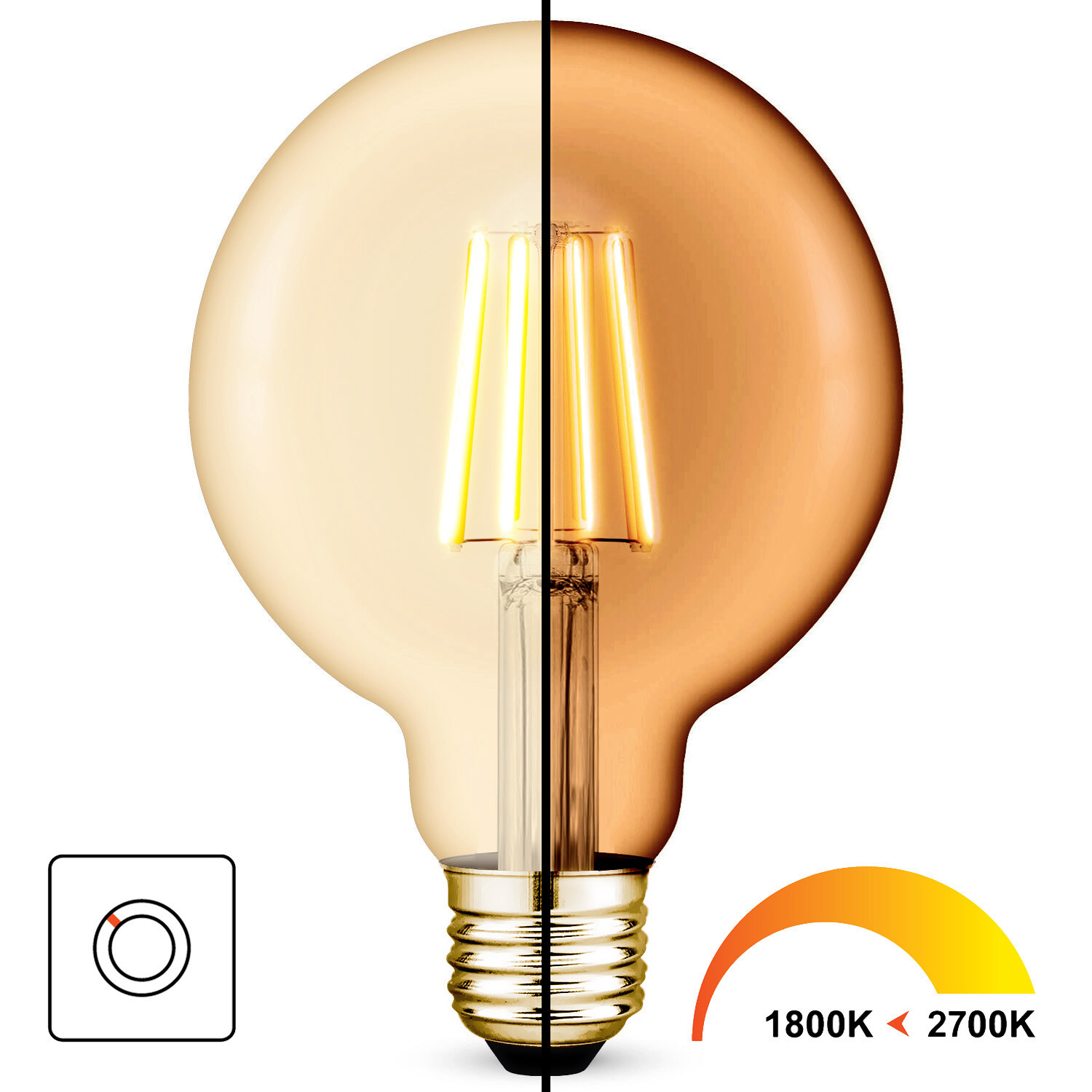 Dim2Warm LED G95 Gold | 2700K tot 1800K LED filament | E27 | 6W