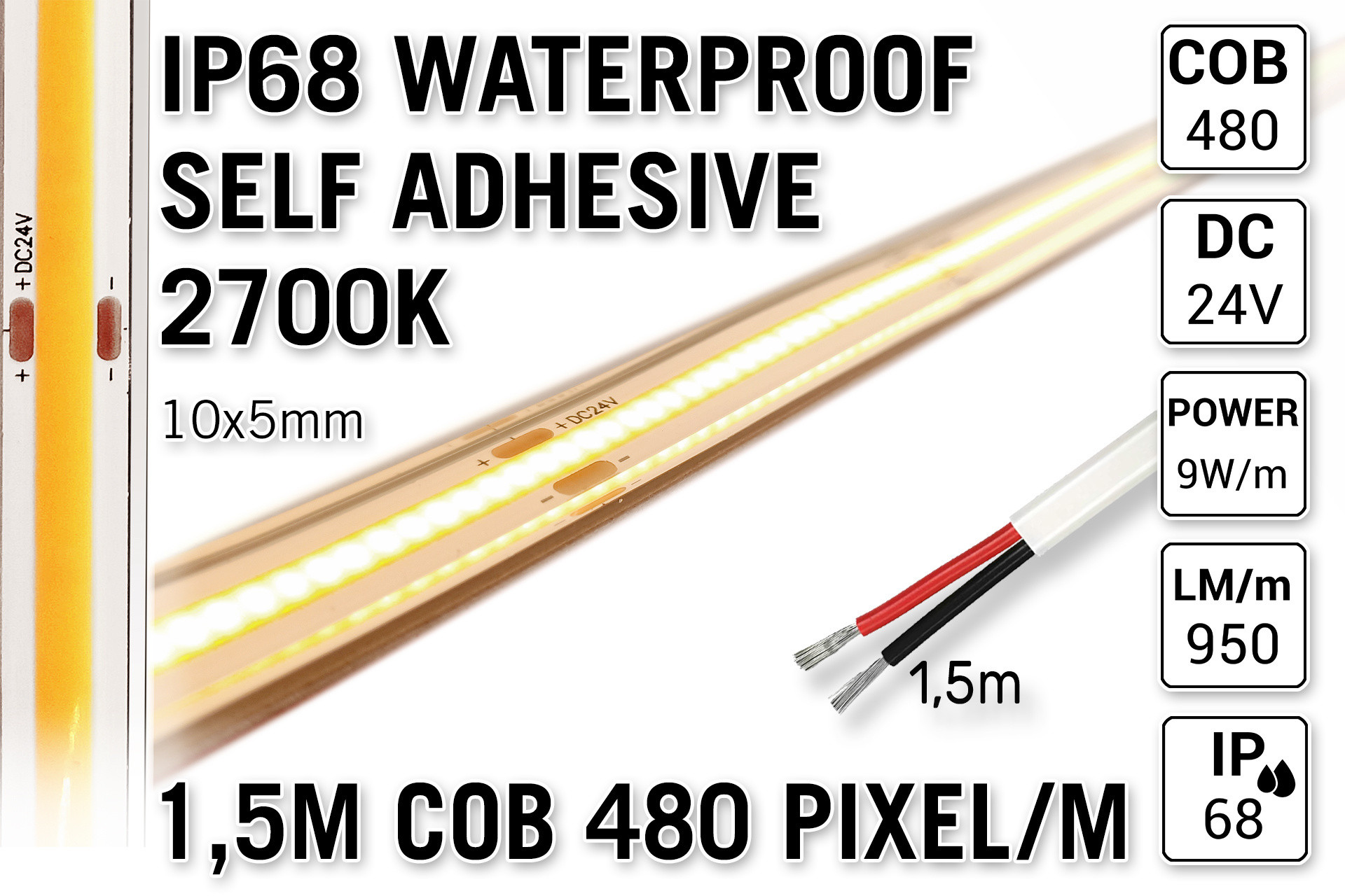 1.5m IP68 Waterdichte COB 2700K Warm Wit Led Strip | 9W pm 24V | 480 pixels pm - Zelfklevend