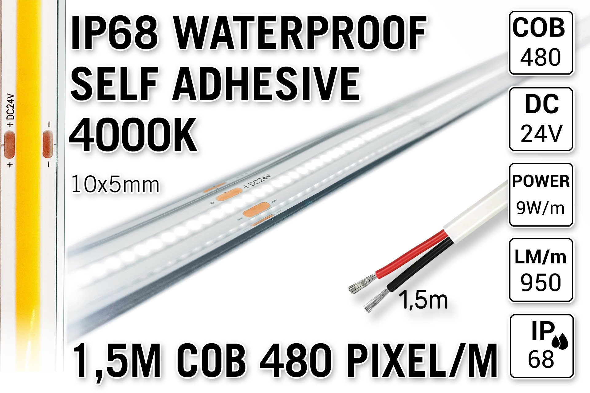 1.5m IP68 Waterdichte COB 4000K Neutraal Wit Led Strip | 9W pm 24V | 480 pixels pm - Zelfklevend