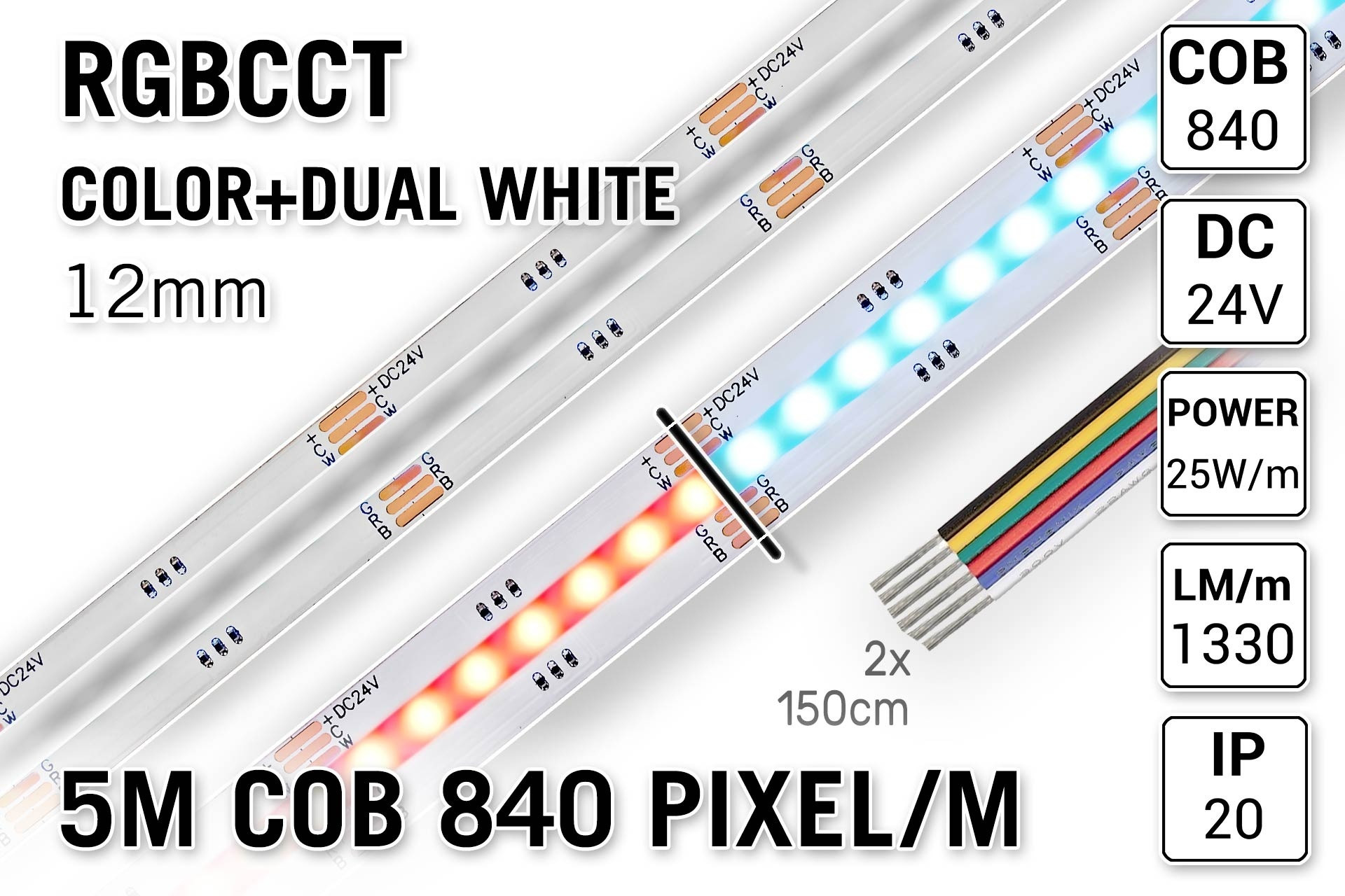 COB RGBCCT Led Strip | 5m 25W pm 24V | 840 pixels pm - Losse Strip