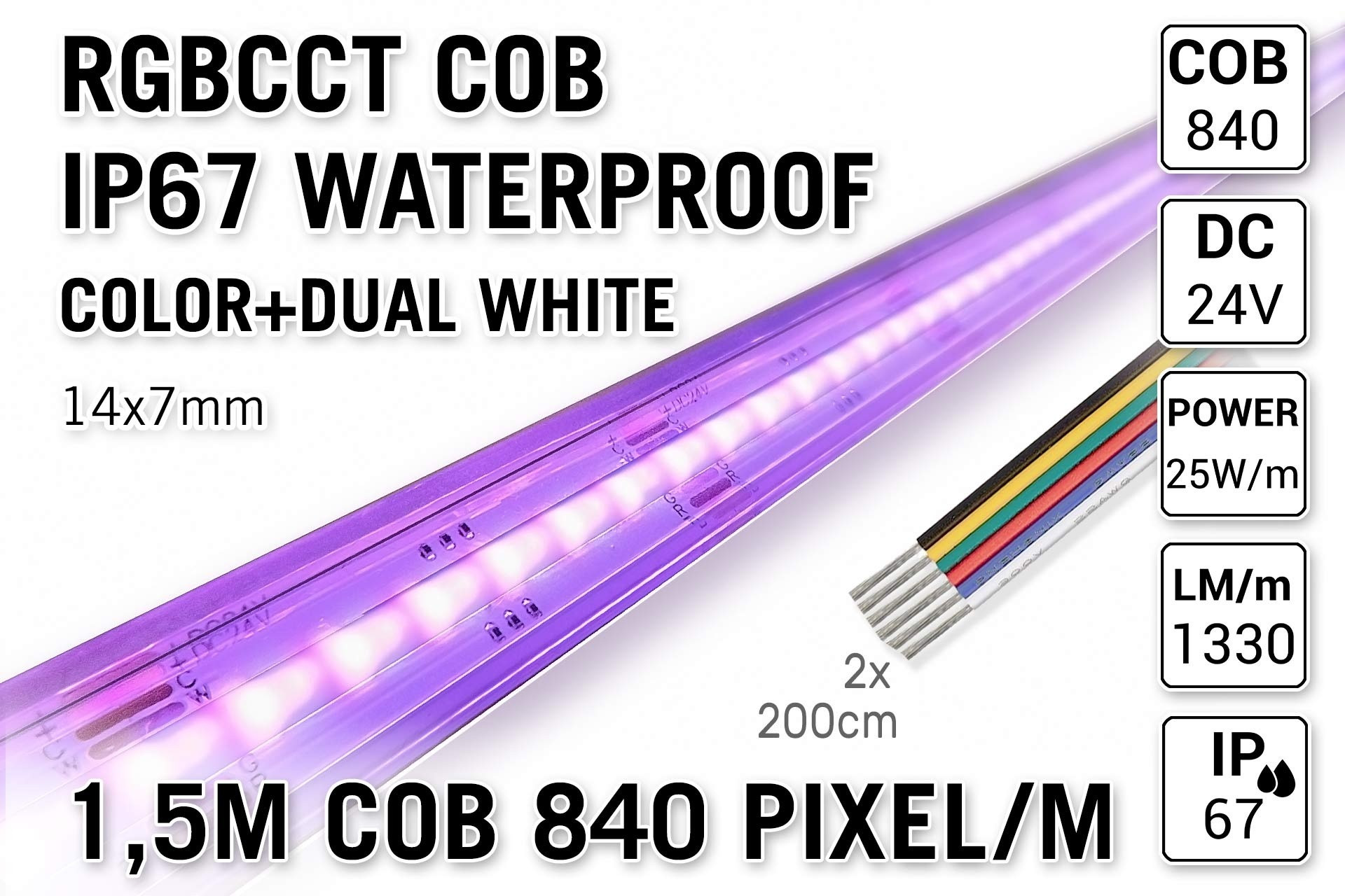 1,5m COB RGBCCT IP67 Waterproof Led Strip | 25W pm 24V | 840 pixels pm - Losse Strip
