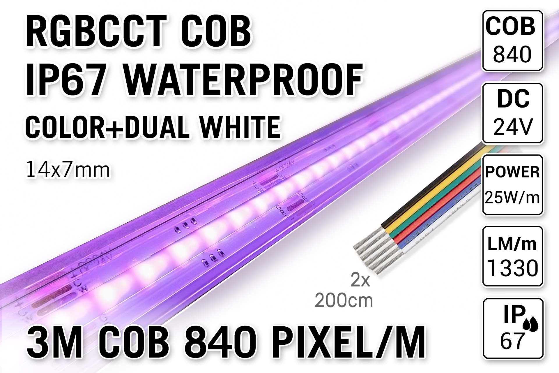 3m COB RGBCCT IP67 Waterproof Led Strip | 25W pm 24V | 840 pixels pm - Losse Strip