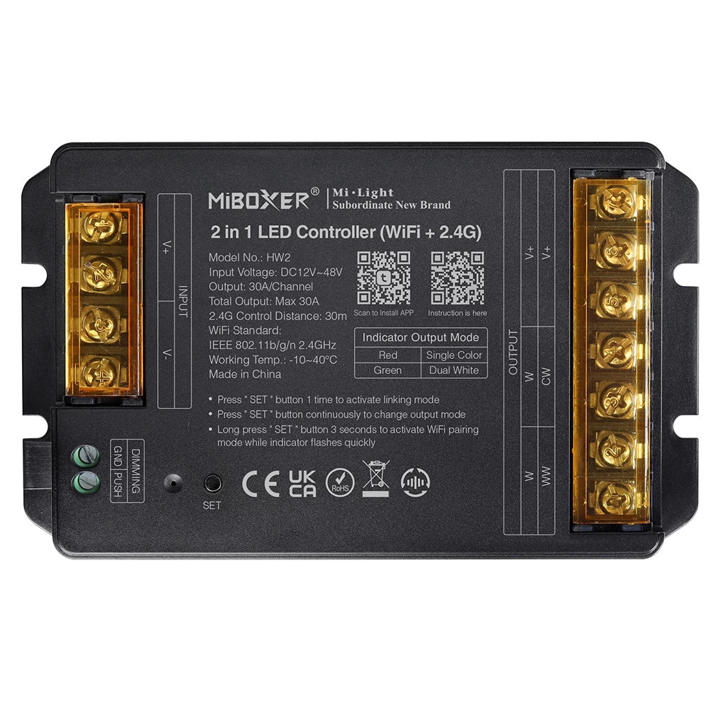 Mi·Light MiBoxer High Power 30A 2 in 1 RF 2.4G + Wifi Enkelkleur/Dual White CCT Dimmer Controller |12-48V