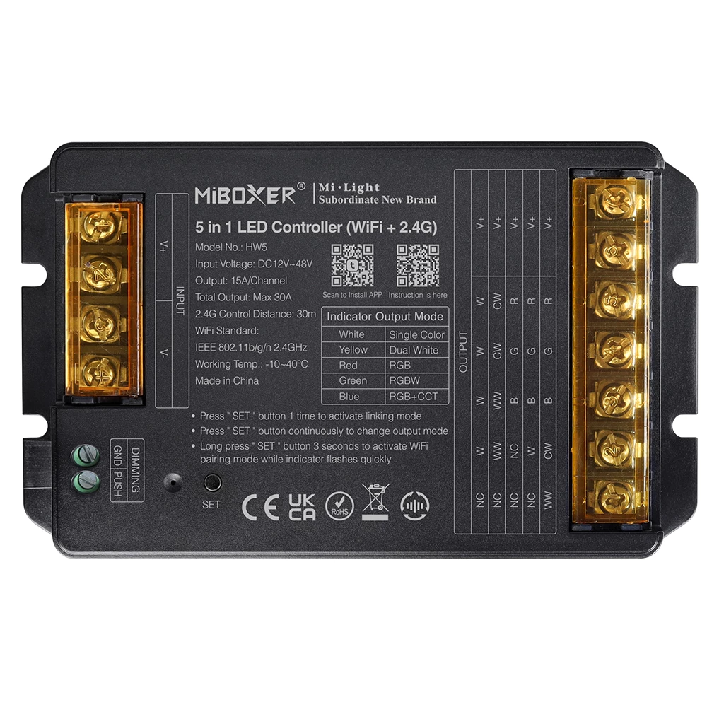 Mi·Light MiBoxer High Power 30A 5 in 1 RF 2.4G + Wifi Enkelkleur/Dual White/RGB/RGBW/RGBCCT Dimmer Controller |12-48V