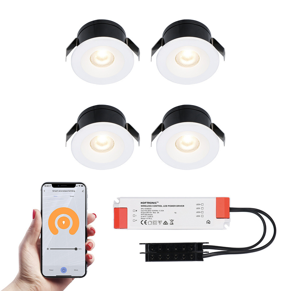 HOFTRONIC SMART 4x Cadiz witte Smart LED Inbouwspots complete set - Wifi & Bluetooth - 12V - 3 Watt - 2700K warm wit