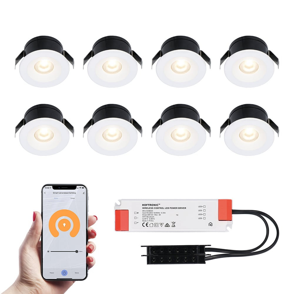HOFTRONIC™ 8x Cadiz witte Smart LED Inbouwspots complete set - Wifi & Bluetooth - 12V - 3 Watt - 2700K warm wit