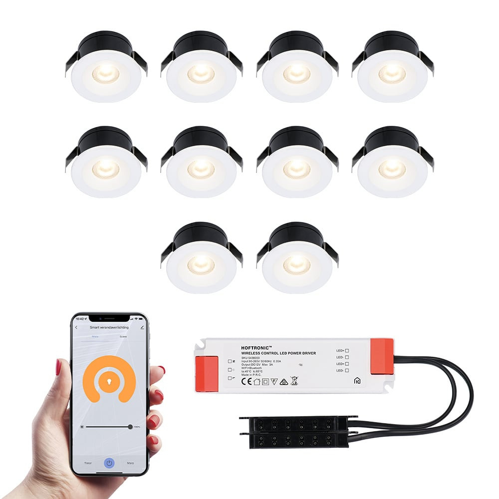 HOFTRONIC™ 10x Cadiz witte Smart LED Inbouwspots complete set - Wifi & Bluetooth - 12V - 3 Watt - 2700K warm wit
