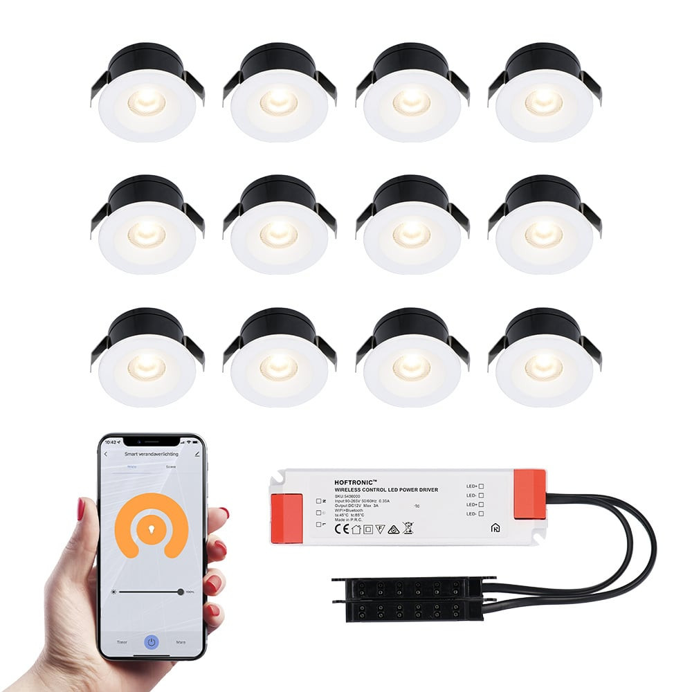 HOFTRONIC™ 12x Cadiz witte Smart LED Inbouwspots complete set - Wifi & Bluetooth - 12V - 3 Watt - 2700K warm wit