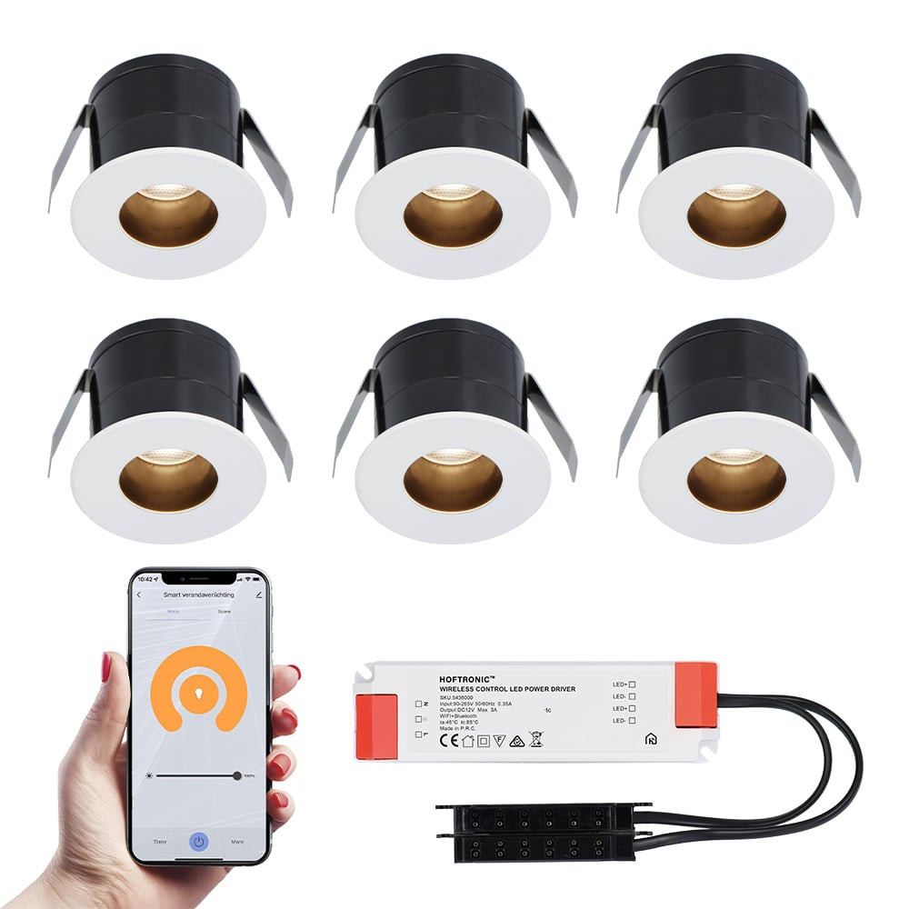 HOFTRONIC SMART 6x Olivia witte Smart LED Inbouwspots complete set - Wifi & Bluetooth - 12V - 3 Watt - 2700K warm wit