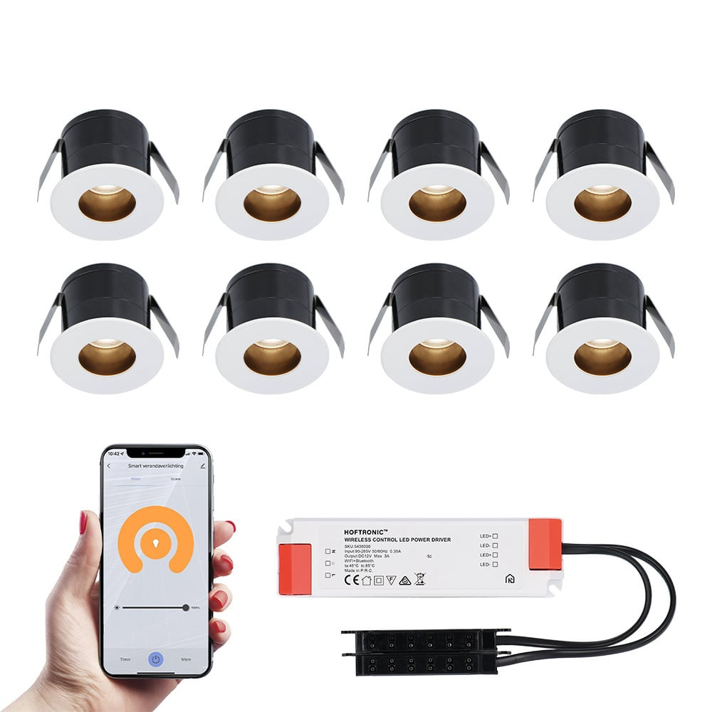 HOFTRONIC SMART 8x Olivia witte Smart LED Inbouwspots complete set - Wifi & Bluetooth - 12V - 3 Watt - 2700K warm wit