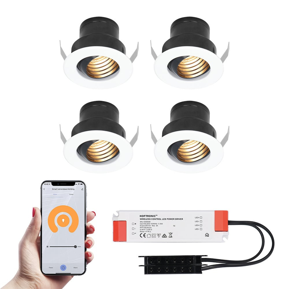 HOFTRONIC™ 4x Medina witte Smart LED Inbouwspots complete set - Wifi & Bluetooth - 12V - 3 Watt - 2700K warm wit
