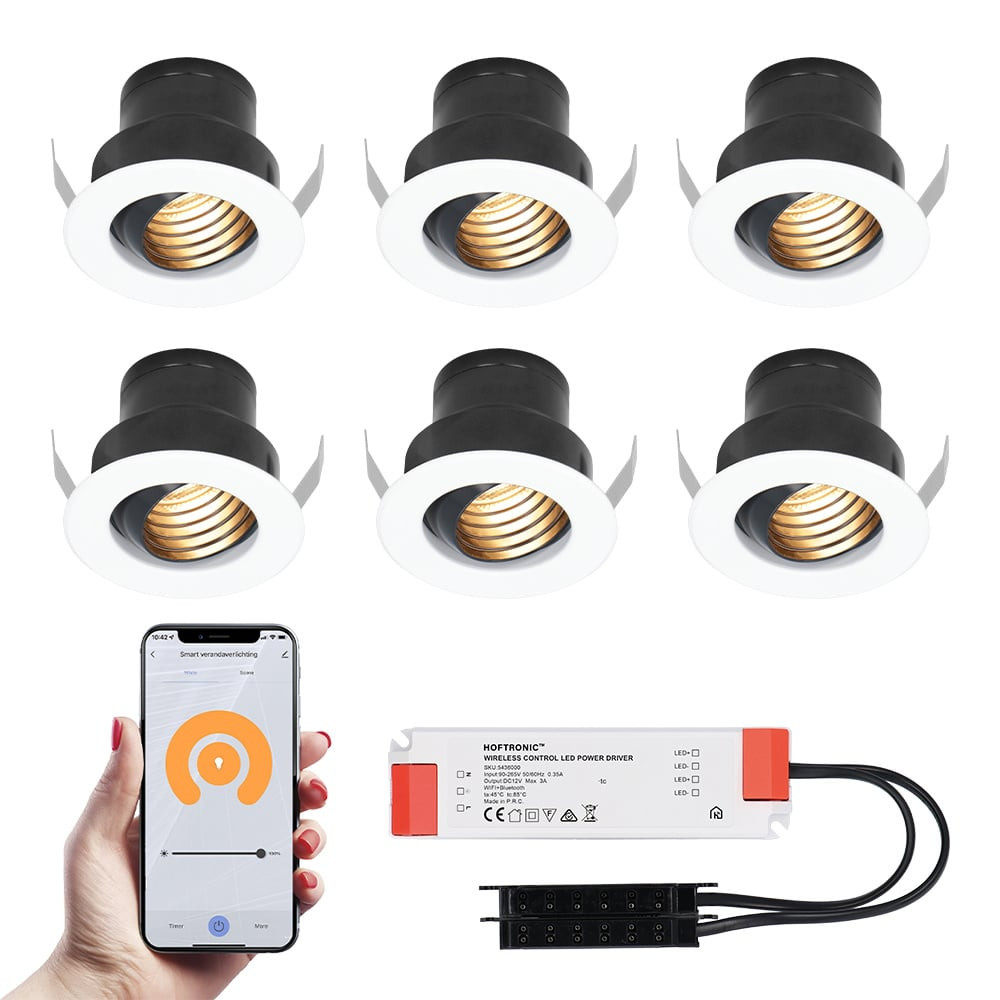 HOFTRONIC SMART 6x Medina witte Smart LED Inbouwspots complete set - Wifi & Bluetooth - 12V - 3 Watt - 2700K warm wit