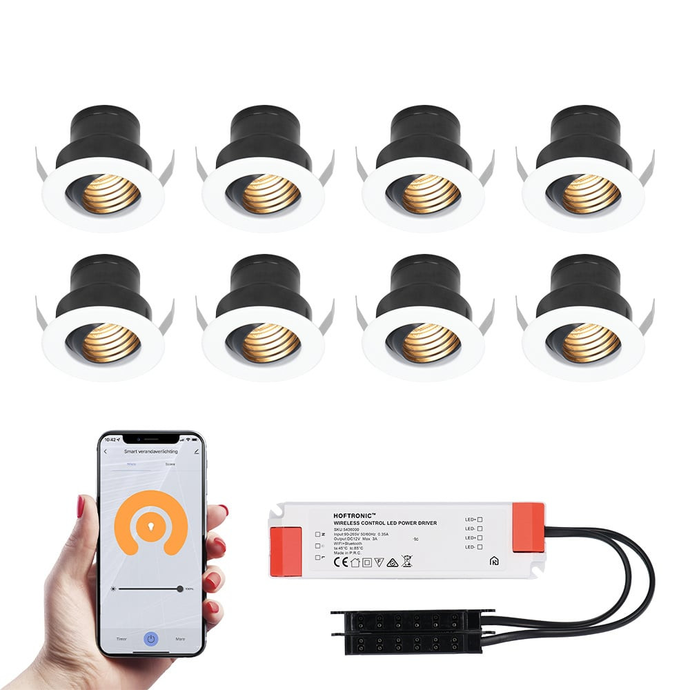 HOFTRONIC™ 8x Medina witte Smart LED Inbouwspots complete set - Wifi & Bluetooth - 12V - 3 Watt - 2700K warm wit