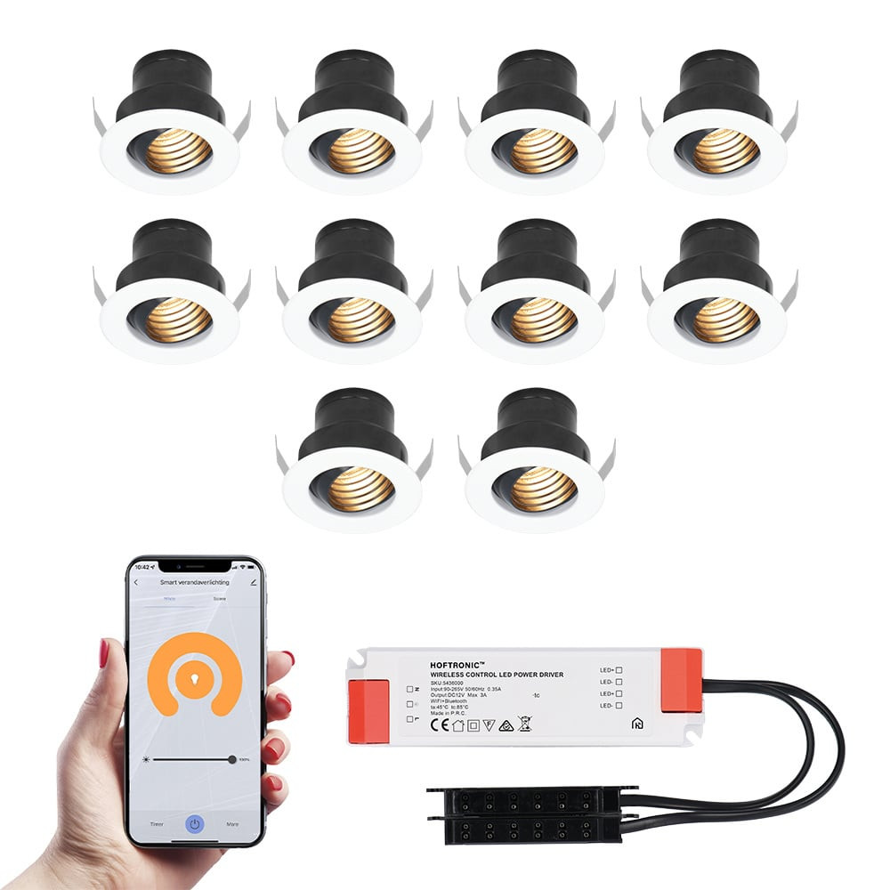 HOFTRONIC™ 10x Medina witte Smart LED Inbouwspots complete set - Wifi & Bluetooth - 12V - 3 Watt - 2700K warm wit