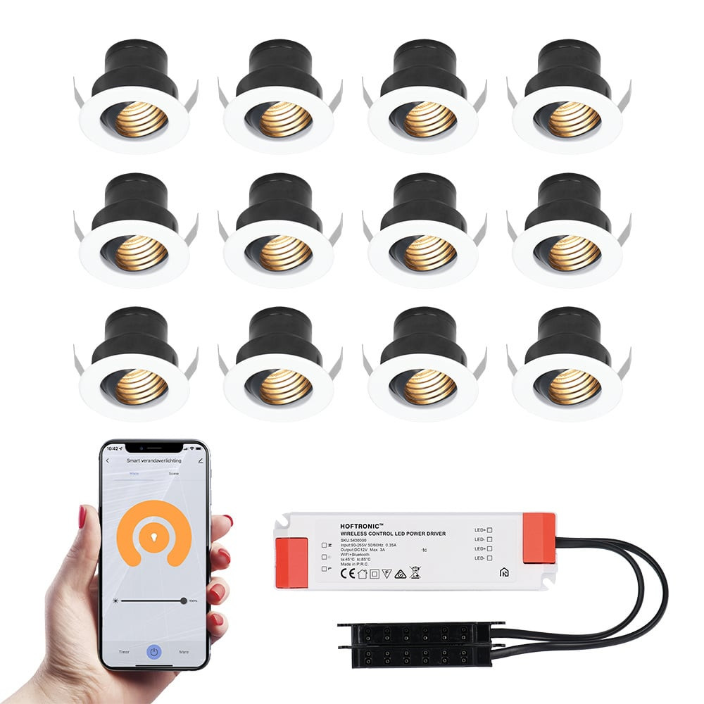 HOFTRONIC™ 12x Medina witte Smart LED Inbouwspots complete set - Wifi & Bluetooth - 12V - 3 Watt - 2700K warm wit