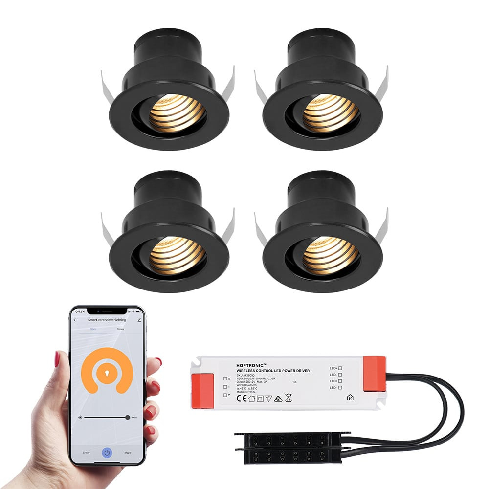 HOFTRONIC SMART 4x Medina zwarte Smart LED Inbouwspots complete set - Wifi & Bluetooth - 12V - 3 Watt - 2700K warm wit