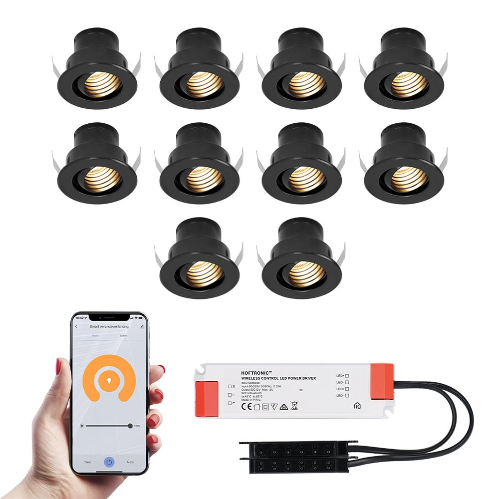 HOFTRONIC SMART 10x Medina zwarte Smart LED Inbouwspots complete set - Wifi & Bluetooth - 12V - 3 Watt - 2700K warm wit