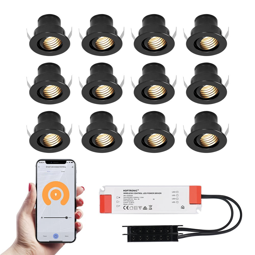 HOFTRONIC SMART 12x Medina zwarte Smart LED Inbouwspots complete set - Wifi & Bluetooth - 12V - 3 Watt - 2700K warm wit