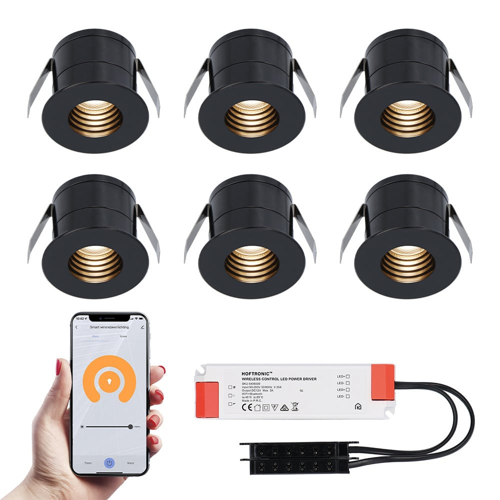HOFTRONIC™ 6x Betty zwarte Smart LED Inbouwspots complete set - Wifi & Bluetooth - 12V - 3 Watt - 2700K warm wit