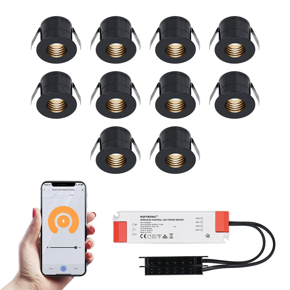 HOFTRONIC™ 10x Betty zwarte Smart LED Inbouwspots complete set - Wifi & Bluetooth - 12V - 3 Watt - 2700K warm wit