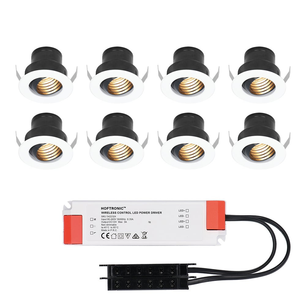 HOFTRONIC™ Set van 8 12V 3W - Mini LED Inbouwspot - Wit - Kantelbaar & verzonken - Verandaverlichting - IP44 voor buiten - 2700K - Warm wit