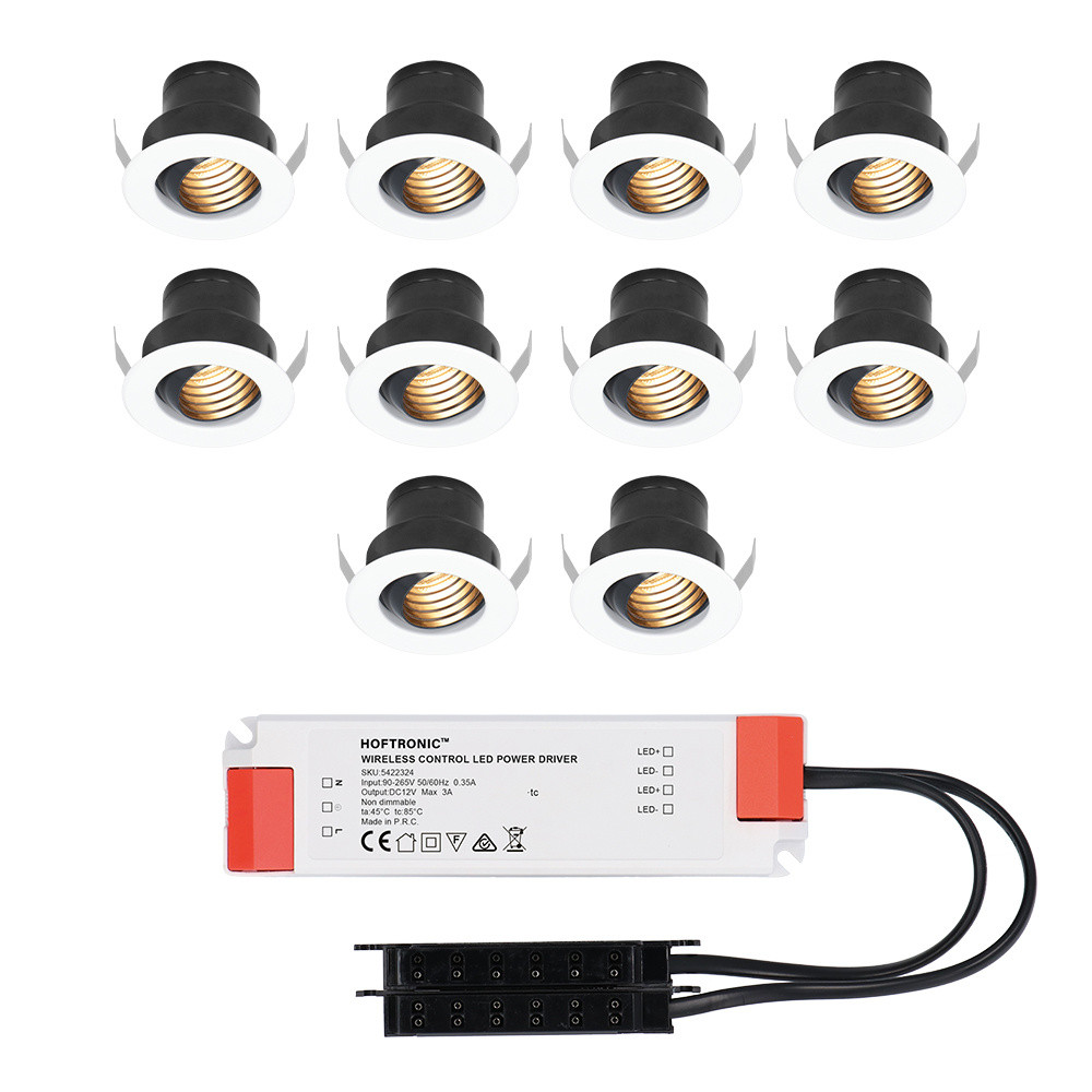 HOFTRONIC™ Set van 10 12V 3W - Mini LED Inbouwspot - Wit - Kantelbaar & verzonken - Verandaverlichting - IP44 voor buiten - 2700K - Warm wit