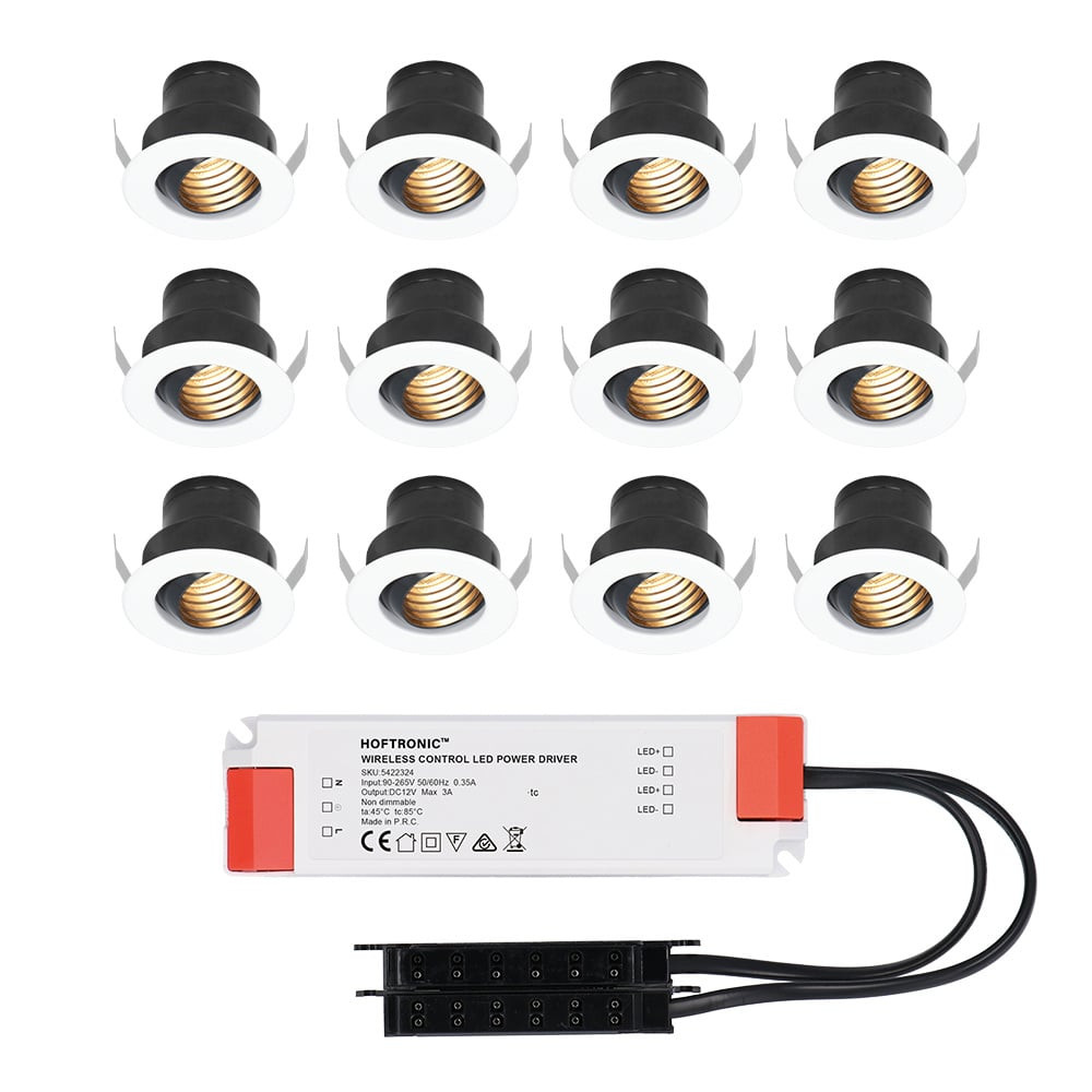 HOFTRONIC™ Set van 12 12V 3W - Mini LED Inbouwspot - Wit - Kantelbaar & verzonken - Verandaverlichting - IP44 voor buiten - 2700K - Warm wit