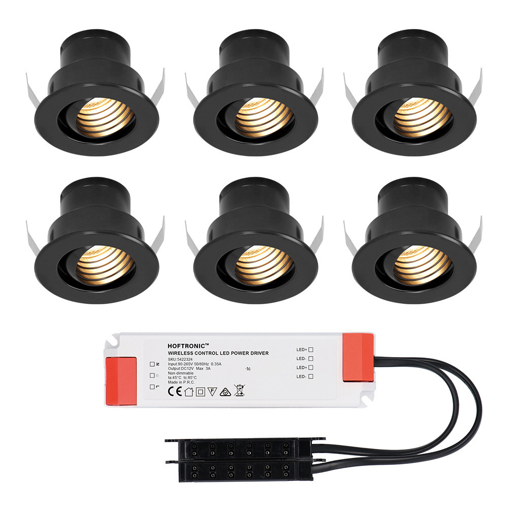HOFTRONIC™ Set van 6 12V 3W - Mini LED Inbouwspot - Zwart - Kantelbaar & verzonken - Verandaverlichting - IP44 voor buiten - 2700K - Warm wit