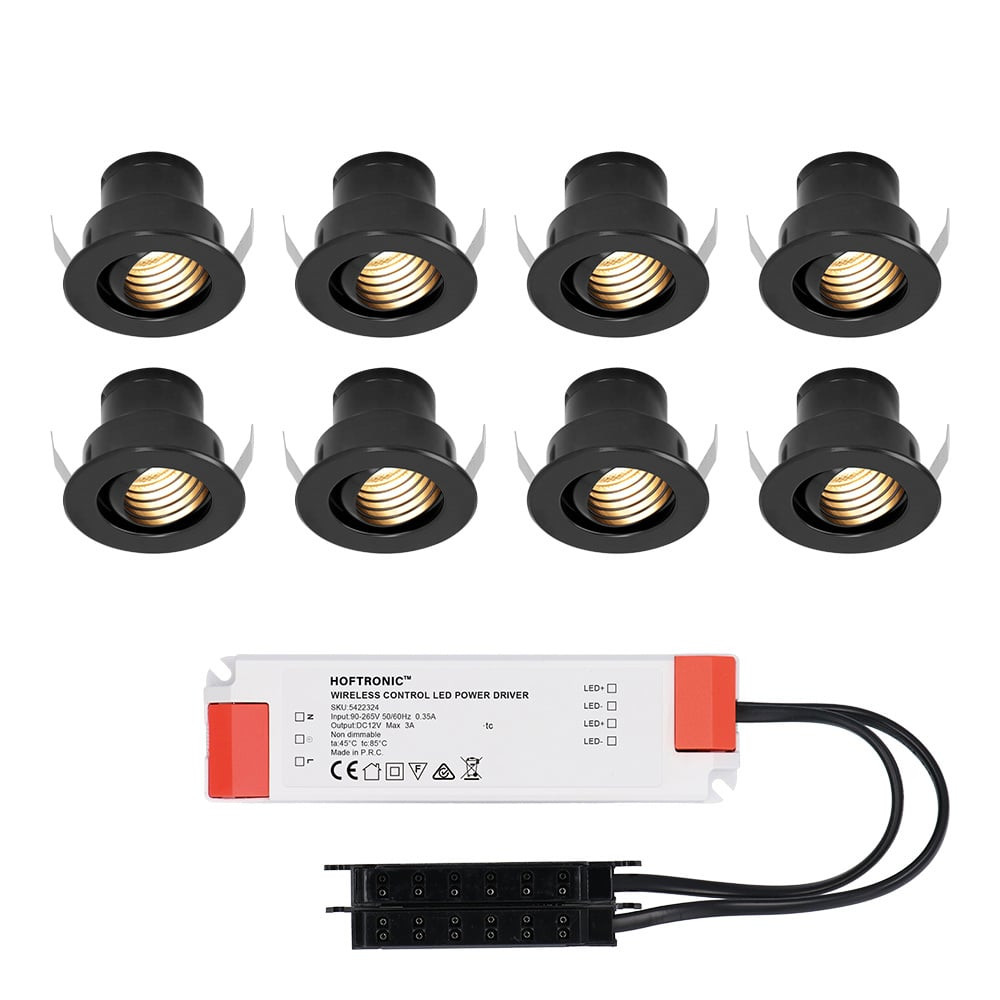 HOFTRONIC™ Set van 8 12V 3W - Mini LED Inbouwspot - Zwart - Kantelbaar & verzonken - Verandaverlichting - IP44 voor buiten - 2700K - Warm wit