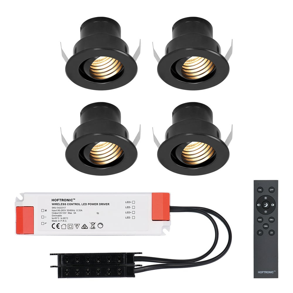 HOFTRONIC™ Set van 4 12V 3W - Mini LED Inbouwspot - Zwart - Dimbaar - Kantelbaar & verzonken - Verandaverlichting - IP44 voor buiten - 2700K - Warm wit