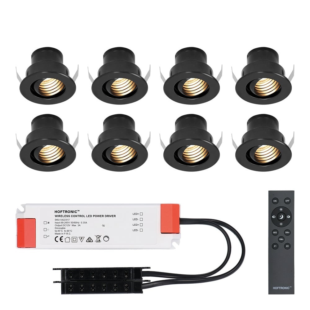 HOFTRONIC™ Set van 8 12V 3W - Mini LED Inbouwspot - Zwart - Dimbaar - Kantelbaar & verzonken - Verandaverlichting - IP44 voor buiten - 2700K - Warm wit