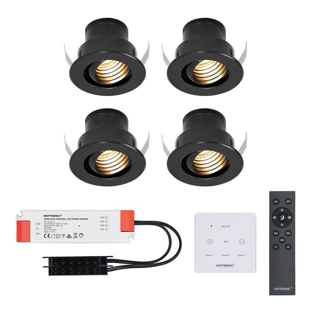 HOFTRONIC™ Set van 4 Medina - Mini LED Inbouwspot - 12V 3W - Zwart - Dimbaar - Kantelbaar & verzonken - Verandaverlichting - Incl. Muurdimmer - IP44 voor buiten - 2700K - Warm wit